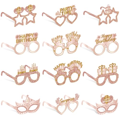 Guiruiy 24PCS Happy Birthday Eyeglasses Decorations for Girls Women Pink Rose Gold Birthday Paper Eyeglasses Party Supplies 16th 21st 30th 40th 50th 60th 70th 80th 90th Year Old Bday Glasses Decor