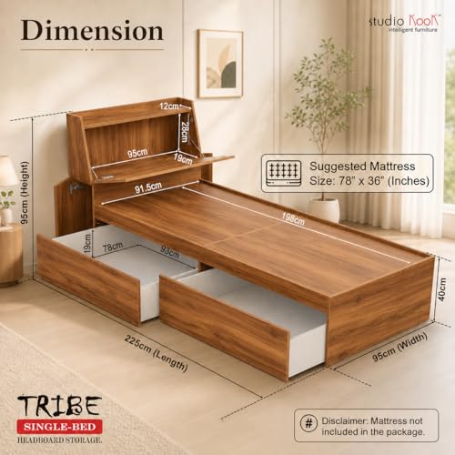 Image of Studio Kook Tribe Headboard Storage Engineered Wood Single Bed with Drawers (Amber Walnut, Left Side Drawer)
