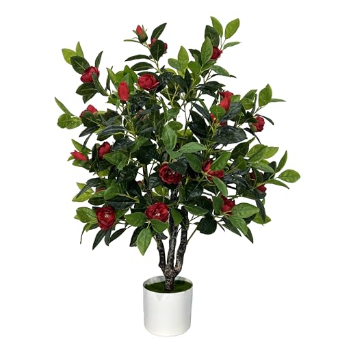 ECOFOREST Artificial Camellia Tree 35in Faux Floral Plant with Red Flowers and Green Leaves - No Maintenance Indoor Outdoor Office Home Porch Decor Housewarming Gift(1 Pack - RED)