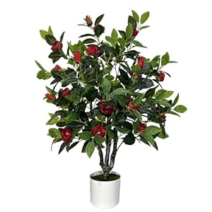 Artificial Camellia Tree 35in Faux Floral Plant with Red Flowers and Green Leaves – No Maintenance Indoor Outdoor Office Home Porch Decor Housewarming Gift(1 Pack – RED)