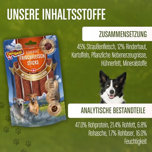 DeliBest Frischfleisch Straussen Sticks I Straussenfleisch für Hunde I Hundeleckerli getreidefrei I natürlicher Hunde Zahnsteinentferner I Hundezahnpflege Snack, 7 Stück (1er Pack)