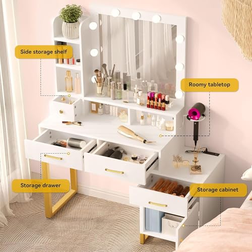 Image of DWVO Vanity Desk with Mirror and Lights | Makeup Vanity with 3‑Mode Lighting and Power Outlet, Vanity Desk with Multiple Storage Drawers, Shelves, Cabinet and Stool