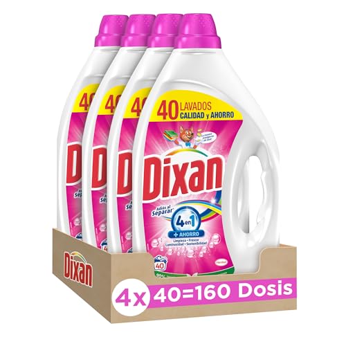 Dixan Gel Adiós al Separar Total 4+1, Detergente Líquido para Lavadora (pack de 4, total: 160 lavados), jabón para la ropa de color. Limpieza, luminosidad, frescor y sostenibilidad.