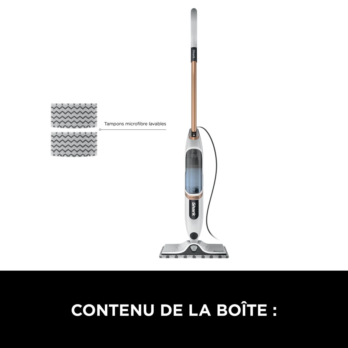 Shark SteamSpot avec technologie Steam Blaster pour sols durs, Balai vapeur léger, Sans produit chimique, Réservoir d’eau amovible, 2 tampons Dirt Grip lavables en machine, Blanc et Cuivre S2001EU