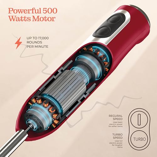 Image of Powerful Immersion Blender, Electric Hand Blender 500 Watt with Turbo Mode, Detachable Base. Handheld Kitchen Blender Stick for Soup, Smoothie, Puree, Baby Food, 304 Stainless Steel Blades (Red)