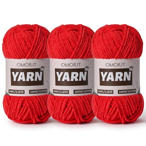 Image of 3 Packs Plush Chenille Chunky Crochet Yarn - Baby Yarn for Crocheting Soft - Velvet Yarns Knitting for Blankets Crafts - Fluffy Amigurumi Yarns 300g / 393yd (3 Red)