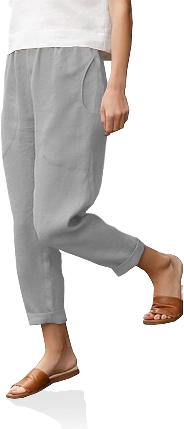 Langwyqu Womens Casual Cotton Tapered Capri Cargo Pants Loose Elastic Waist Ankle Cropped Trouser with Pockets - Image 2