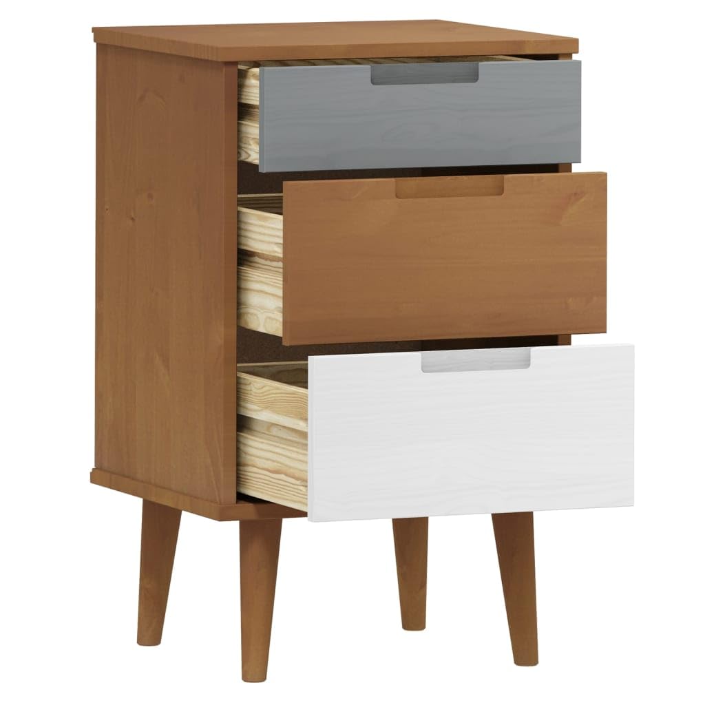 Comodino Marrone MOLDE in legno massello di pino 40x35x65 cm con 3 cassetti robusti e finitura vernice UV, mobiletto salvaspazio per camera da letto, soggiorno, ufficio, ingresso