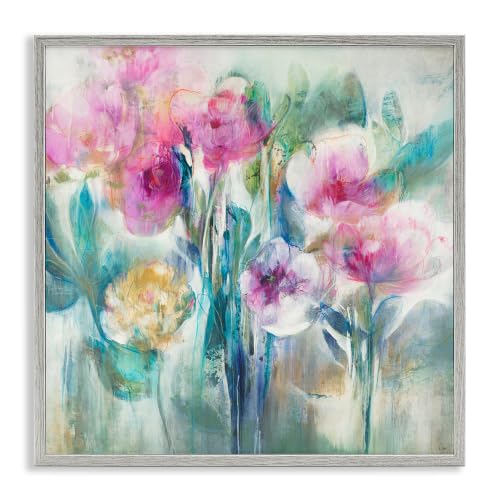 Delicate Rainy Peonies Painterly Floral, 12 x 12 Inch Framed Giclée Print