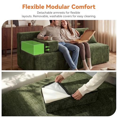 Image of MONVANE 3-Piece Boneless Loveseat Couch Set for Living Room, Oversized Modular Sectional Sofa Set with Removable Armrests, Comfy Chenille Cloud Couch with 12 Pillows, No Assembly Required, Green