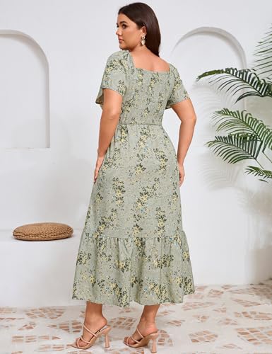 Image of ShopWonder Women Plus Size Dress Short Sleeve Square Neck Floral Maxi Pleated Ruffle A Line Long Dress