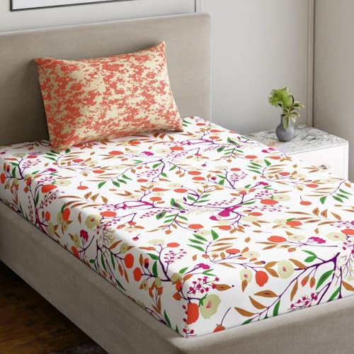 Image of Dreamscape 100% Cotton Bedsheet for Single Bed, 186 TC, 1 Bed Sheet (Size 59 x 87 inches) with 1 Pillow Cover - Orange