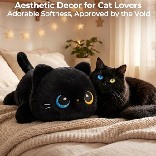Image of Mewaii Odd-Eyed Black Cat Plush Pillow, Squishy & Huggable Kawaii, 13 in