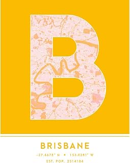 Wee Blue Coo Brisbane Australia City Map Yellow Colour Block Modern Typography Stylish Letter Unframed Word Wall Art Print Poster for Home Décor CITYMAP1
