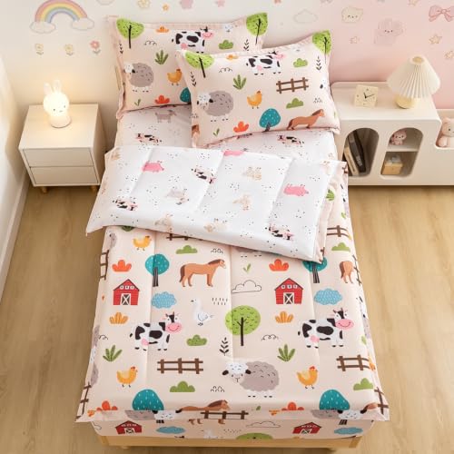 qjmiaofang Zip Up Bedding Twin for Kids 4Pieces Farm Animal Bedding Set
