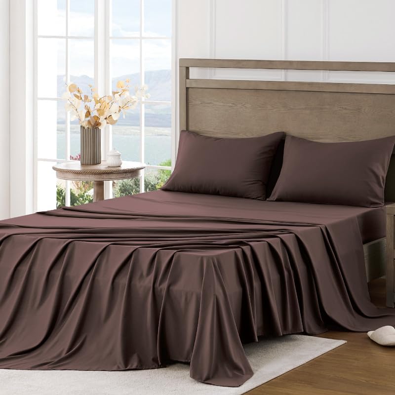 Image of FreshCulture Queen Sheet Set - Ultra Soft Sheets for Queen Size Bed - Brushed Microfiber - Deep Pockets - Easy Care - Cooling & Breathable Sheets - 4 Pieces Hotel Luxury Queen Bed Sheets (Brown)