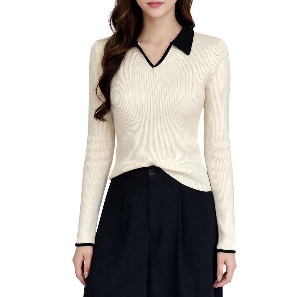 tanushk Women's Ribbed Knit Top, White with Black Contrast Collar and Cuffs, Long Sleeve V-Neck Pullover Top-picture-53