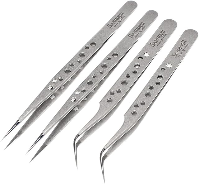 Sanhooii 4-Piece Tweezers Set Anti-Static Stainless Steel Precision ESD Tweezers 2 Straight 2 Curved for Tools for Electronics Jewellery Making Industry Grip Silver