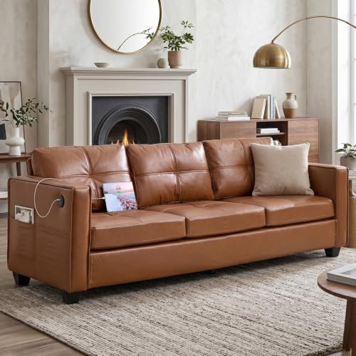TYBOATLE 88'' Brown Faux Leather Couch with USB, 3-Seater Sofa | Mid-Century Modern, Tufted Design, Wider Arms, Side Pockets, Comfy Seating, Living Room, Office, Apartment, Bedroom 3 Seater