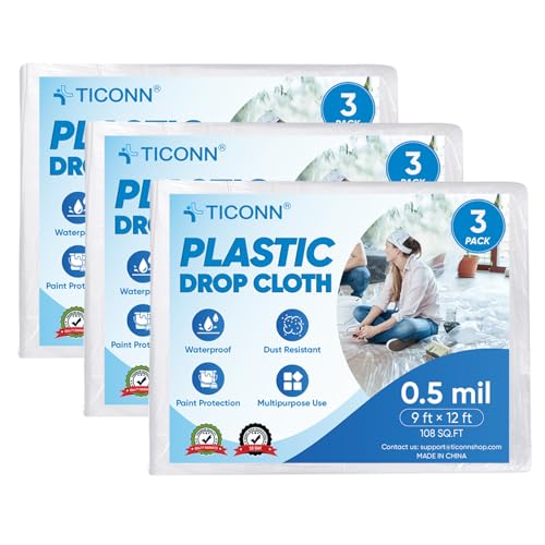 TICONN 12 x 9 Ft Plastic Drop Cloth for Painting, Waterproof Painters Plastic Sheeting, Painting Tarp for Furniture Cover, Floor Protection (3PK, 0.5Mil)