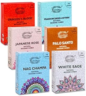 Raajsee Natural Incense Cones,6 Pack Mixed Scents Gift Pack 15 pc Each (90 Total), Insense Cones Variety Pack, 100% Organic Non Toxic Natural - Hand Rolled Free from Chemicals (Pack 2)
