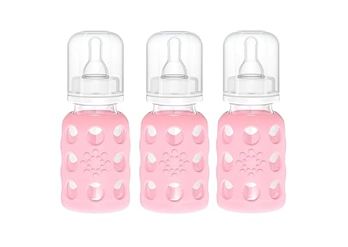 Lifefactory Biberones de vidrio con protección de silicona, paquete de 3, botellas de 4 onzas, (rosa)