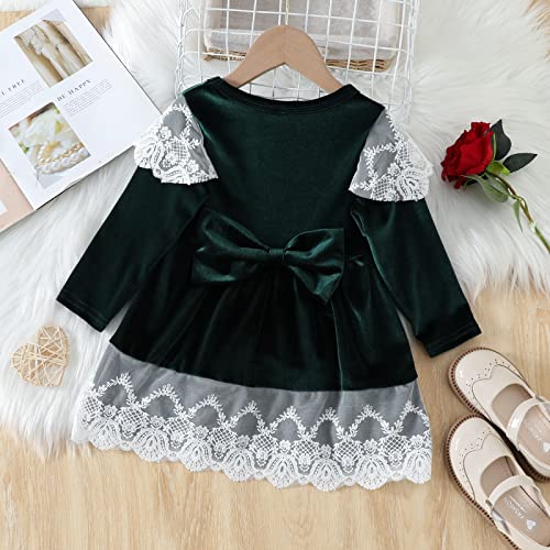 Toddler Baby Girls Christmas Outfit Xmas Velvet Dress Lace Long Sleeve Hem Princess Dresses Vintage Fall Winter Clothes (Green, 2-3T) #TOP5