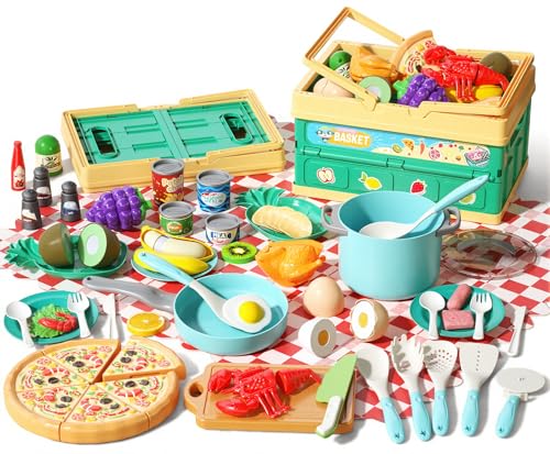 80Pcs Kitchen Playset, Toddler Pretend Cooking with Pots, Pans, Cookware, Food, Picnic Blanket, Fruits, Veges, Shopping Storage Basket, Dessert , Learning Gift for Girls Boys (Turquoise)