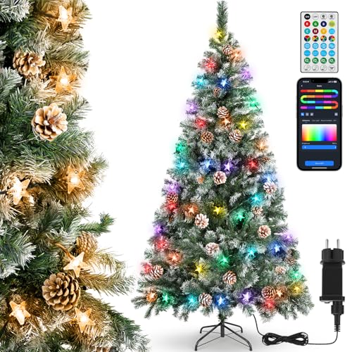 Aigostar 180 cm Árvore de Natal artificial com efeito de neve, luzes inteligentes de 10 m com 66 LEDs (Estrelas), 39 modos dinâmicos, Sync Musical, DIY cores. Árvore de Natal com 650 ramos, 43 ananás