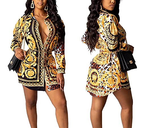 Image of Glozeplus Long Sleeve Button Down Collar Mini Shirt Dress for Women