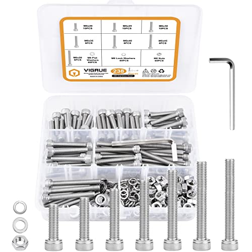 VIGRUE 238 Stück M6 Zylinderschrauben mit Innensechskant DIN 912 (ISO 4762) Vollgewinde Zylinderkopfschrauben aus Rostfreiem Edelstahl A2-70 Gewindeschrauben mit Muttern und Unterlegscheiben