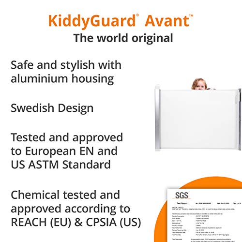 Lascal KiddyGuard Avant, stilvolles Treppenschutzgitter für Babys, einrollbares Türgitter aus Netz und gebürstetem Aluminiumgehäuse, Türschutzgitter bis 120cm Breite, schwarz