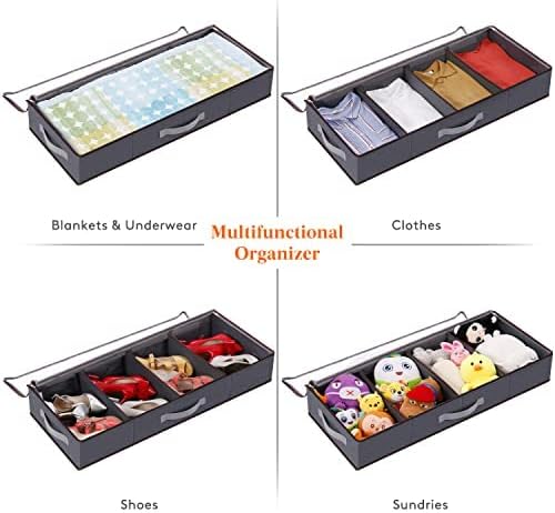 Lifewit Under Bed Clothes Organizer Large Adjustable Dividers Storage Bag with Durable Fabric, Reinforced Handle, 4 Clear Window for Clothing, Shoes, Blankets, Sweaters, Grey, 2 Pack