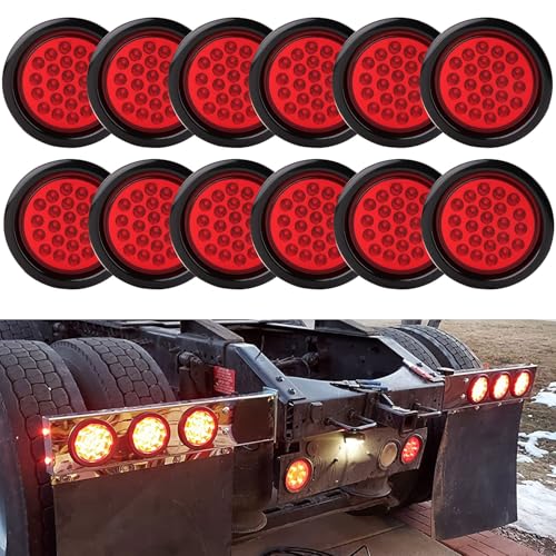 Jamarco 4 Inch Round LED Trailer Tail Lights Red 24 LED 12Pcs 4 Inch Round Led Stop Turn Tail Lights Brake Trailer Lights for RV Trucks Rubber Grommets and 3-Prong Wire Pigtails Included