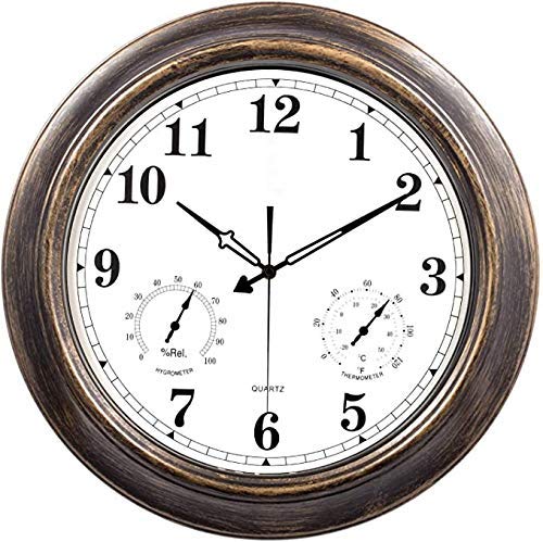 Outdoor Garden Wall Clock, 18 Inch Large Retro Garden Clock with Thermometer and Hygrometer Waterproof Outdoor Clock Indoor Outdoor Decoration Outside Clock Mute Quartz Wall Clock