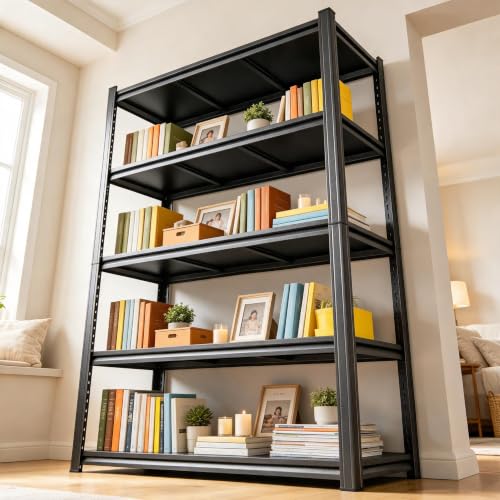Image of Industrial 5 Tier Bookshelf Black Metal Shelving Unit, Sturdy Book Shelf Storage Rack, Heavy Duty Steel Bookcase for Living Room Bedroom Office Kitchen, Free Standing Tiered Shelf Organizer for Books