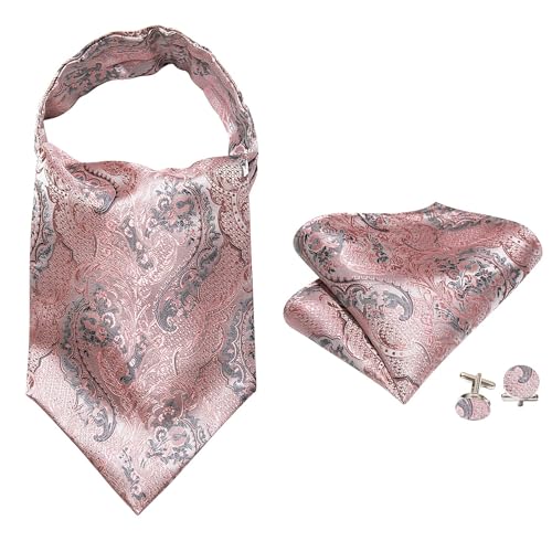 Image of Barry.Wang Ascot Ties Cravat Tie Men Paisley Plaid Scarf Self Tie Pocket Square Cufflinks Set Wedding Party