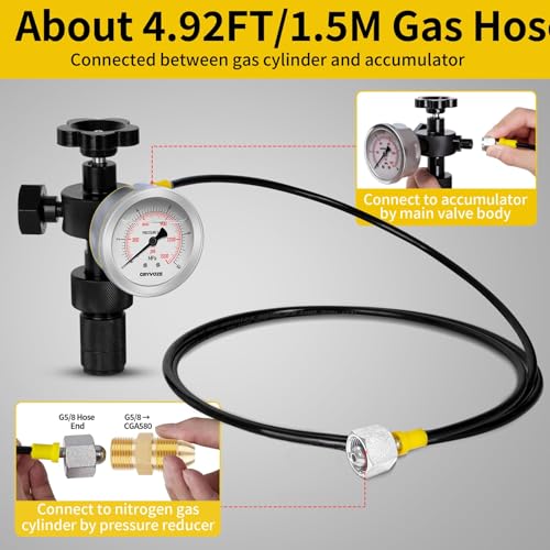 Image of Hydraulic Nitrogen Accumulator Charging Kit, Pressure Test System, Nitrogen Fill Kit, Gas Charge Tools with 3 Gauges (1500, 3500, 6000 PSI), 8 Adapters, 1 Gas Hose, Aluminum Suitcase