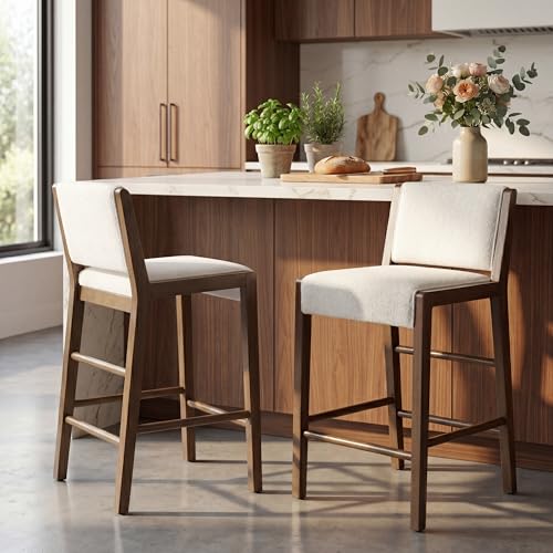 Christopher Knight Home Mono Set de 2 Butacos de Barra de 26.5" de Altura de Mostrador, Butacos Tapizados en Tela con Reposapiés, Butacos de Madera de Caucho, Sillas Modernas sin Brazos para Cocina, Nogal+Blanco miniatura 1