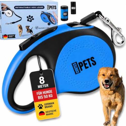 CORTES PETS Guinzaglio per cani allungabile Retrattile 8m, con sacchetto per escrementi per canii fino a 50 kg, ideale per cani di taglia grande, media e piccola. (Blu, XL - 8m - fino a 50 kg)