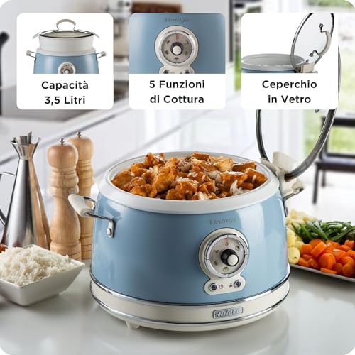 Ariete 2904, Cuiseur à Riz, Cuiseur à Riz Mijoteuse, Cuisson à la Vapeur, Ligne Vintage, 3,5 L, Revêtement Céramique Anti-Adhésif, 650 W, Celeste