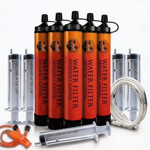 5-Pack Personal Water Filter Straw with Emergency Whistle, Portable Reusable Survival Filter for Family Camping, Hiking, Backpacking & Emergency Preparedness