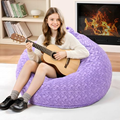 Image of 2FT Bean Bag Chair,Giant Bean Bag Chairs for Adults,Big Bean Bags with Memory Foam Filled, Large Beanbag Chairs with Chevron Plush Cover-Purple