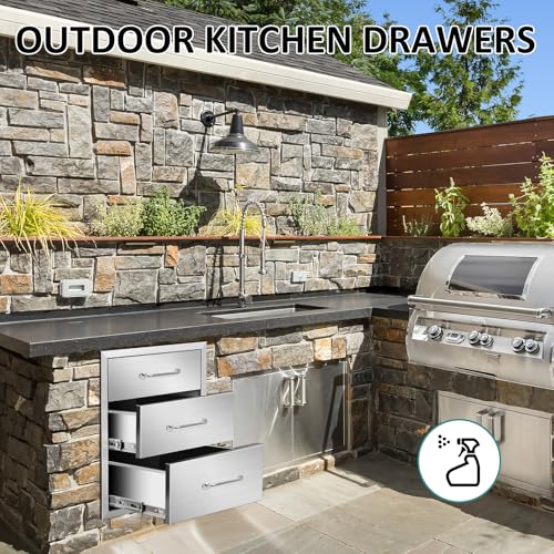 Image of Outdoor Kitchen Drawers 18 inch W x 21 inch H x 21 inch D Stainless Steel Drawer BBQ Triple Drawers with Chrome Handle for Outdoor Kitchen Island, Patio Grill Station