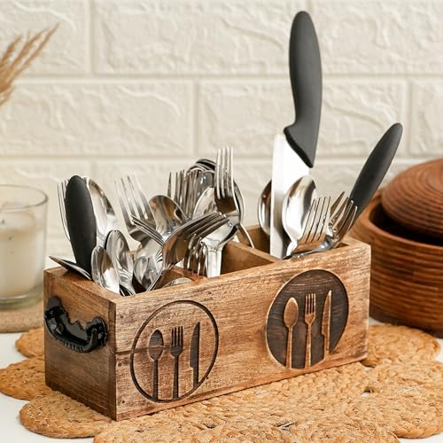 Image of Ikari Homes Wooden Antique Cutlery Holder I Cutlery Organizer I Boho Wooden Caddy I Spoon knife Fork Tissue Holder Stand I Cutlery Stand - Spoon Fork engraved design