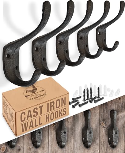 Rustic Cast Iron Coat Hooks (5 Pack) - Wall Mounted