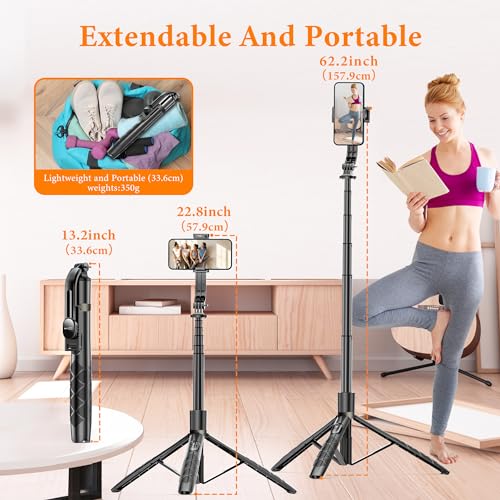 Image of 62 inch Aluminum Alloy Selfie Stick Phone Tripod with Wireless Remote Compatible with iPhone 17 16 15 14 13 pro Xs Max Xr X, Android /Samsung Smartphone Expandable for Travel Selfies Video Recording Vlog