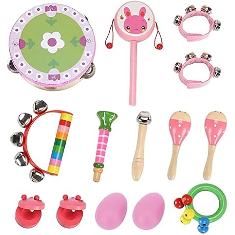 ColdShine 14 Pcs Musical Instruments Set Toddler Wooden Percussion Toy Exquisite Kid Musical Instrument for Preschool Kid (Pink) Cover