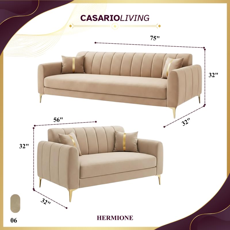 Image of Hermione Luxe Velvet-Suede Fabric 3 Seater + 2 Seater Sofa Set | Golden Legs | Comfortable & Spacious Seating | Modern Sofa Set for Living Room - Beige