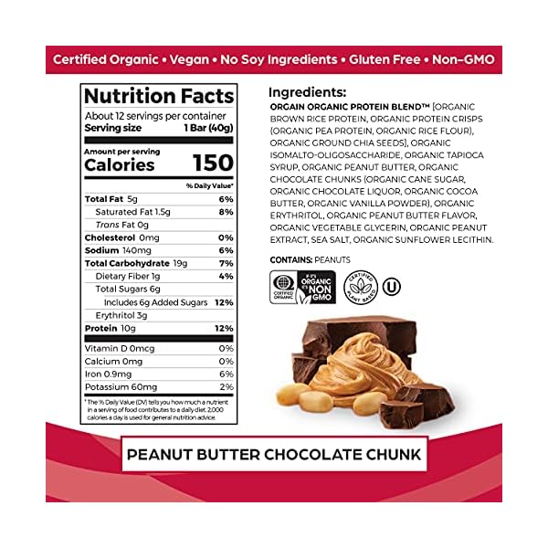 Orgain Organic Vegan Protein Bars, Peanut Butter Chocolate Chunk - 10g Plant Based Protein, Gluten Free Snack Bar, Low Sugar, Dairy Free, Soy Free, Lactose Free, Non GMO, 1.41 Oz (12 Count)